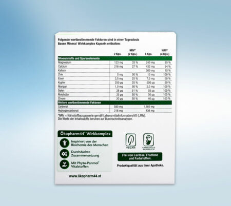 Ökopharm 44 Basenmineral Wirkkomplex 60 Kapseln Rückseite mit Inhaltsangaben