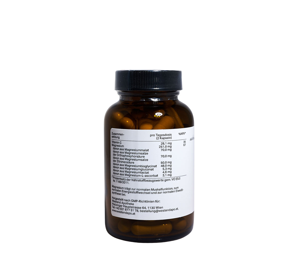 Westend Multi Magnesium 7 60 Kapseln in einem Apothekenglas mit Zusammensetzung