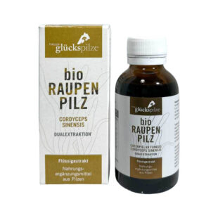 Bio Raupenpilz Flüssigextrakt von Tyroler Glückspilze mit Flasche und Verpackung